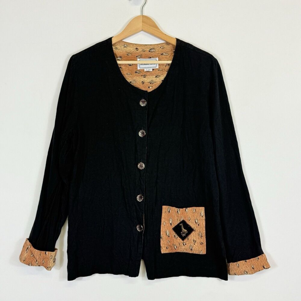 Starfire Cardigan Women's 10 Black Giraffe Art‎ To Wear Flax Blend Safari Travel